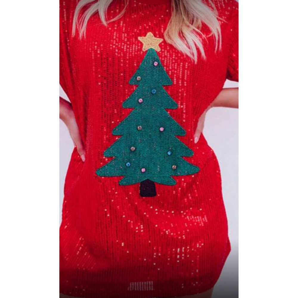 Red Sequin Mini T-Shirt Dress with Christmas Tree Patch - Picture 4 of 6